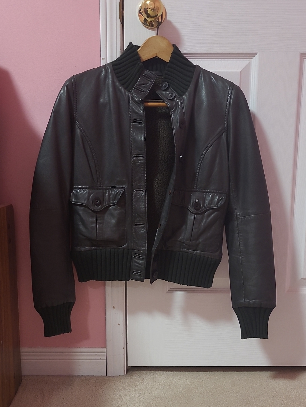Women's Black Leather Bomber Jacket with Ribbed Trim